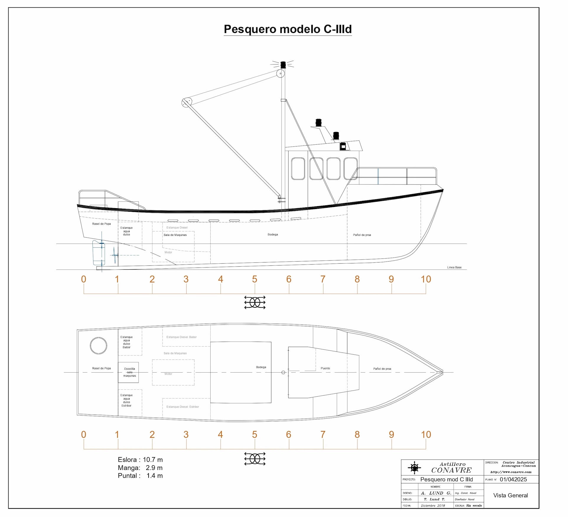 Plano vista general de embarcación pesquera modelo C-IIId con distribución general y dimensiones principales
