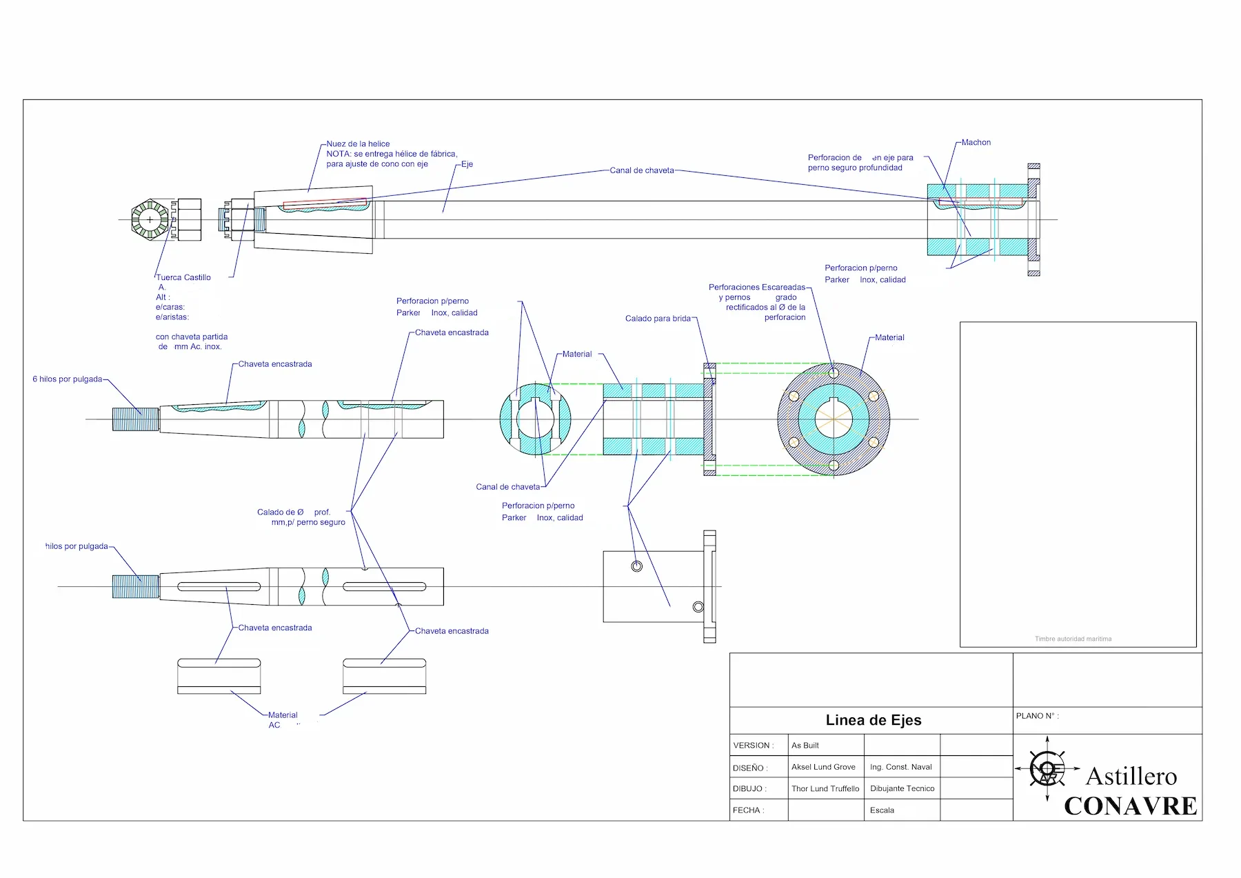 Plano técnico de línea de ejes con detalles de eje, cono y elementos asociados